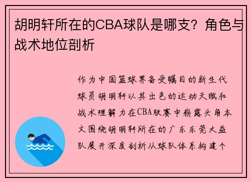 胡明轩所在的CBA球队是哪支？角色与战术地位剖析